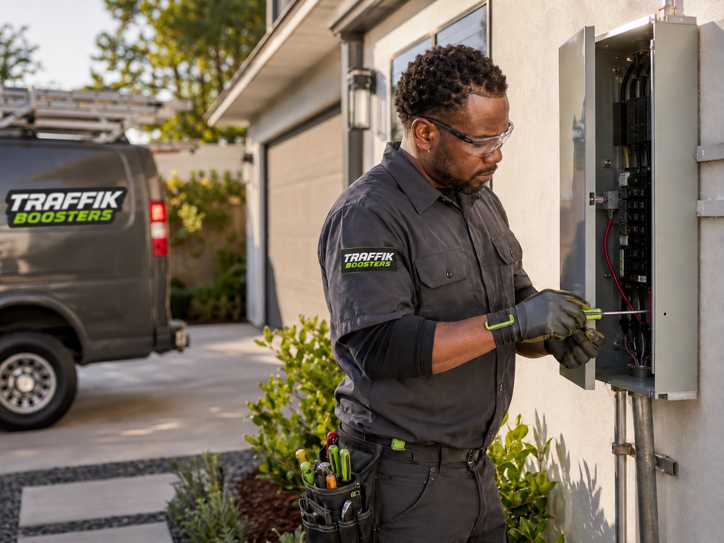 Professional electrician safely servicing an electrical panel at a residential property.