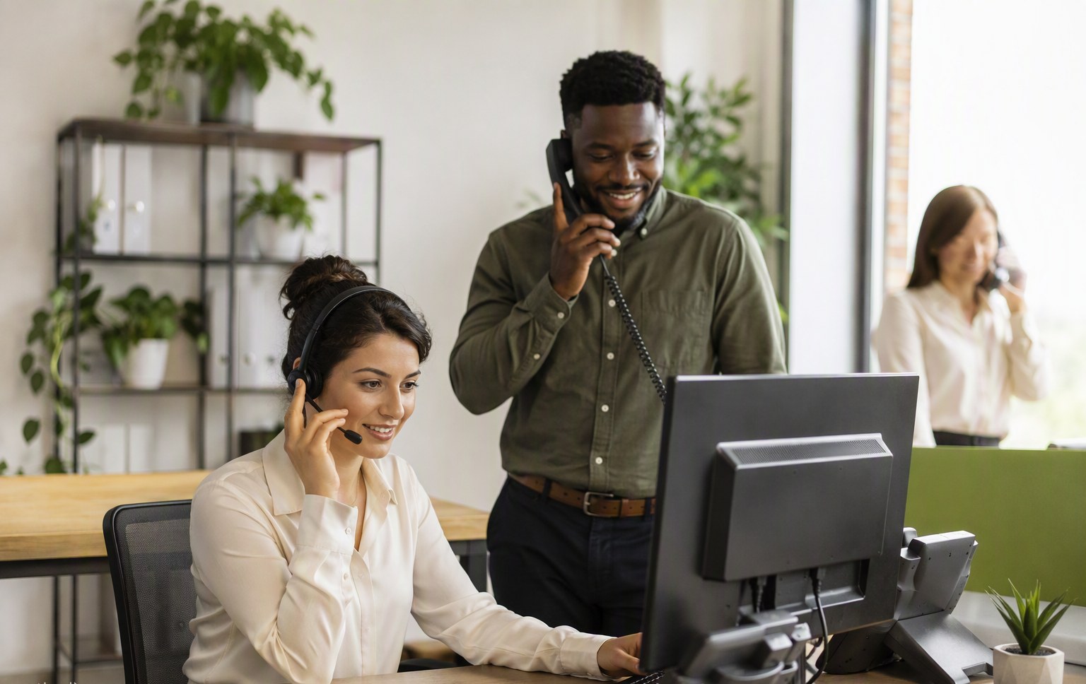 Small-business team using modern business phones in a bright office.