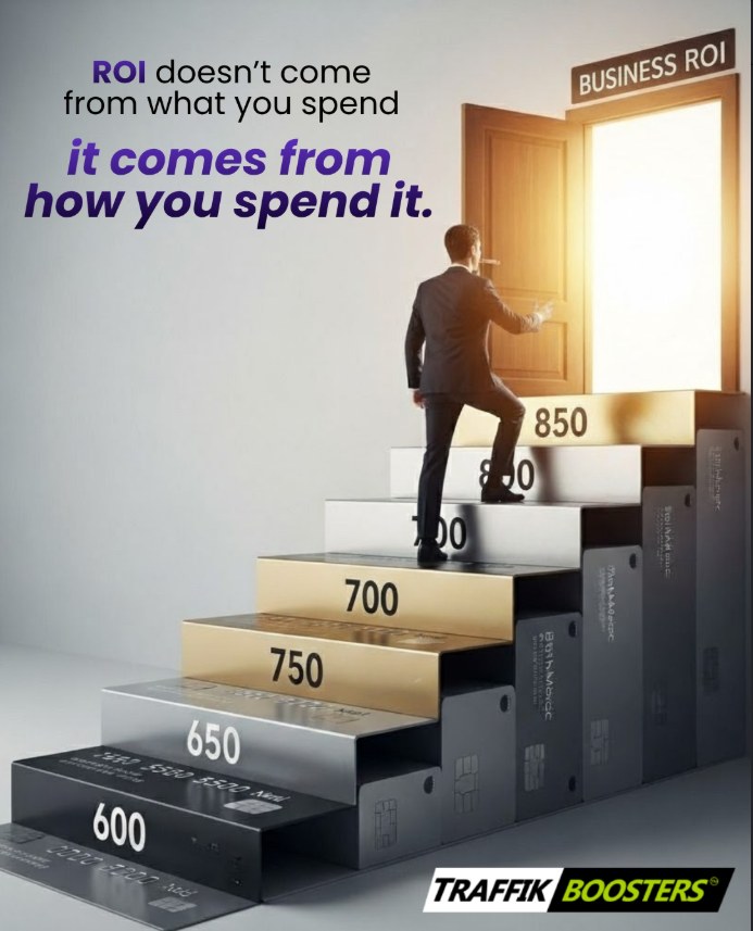 Traffik Boosters: ROI doesn't come from what you spend — it comes from how you spend it. Businessman climbing credit-card steps toward a door labeled Business ROI.